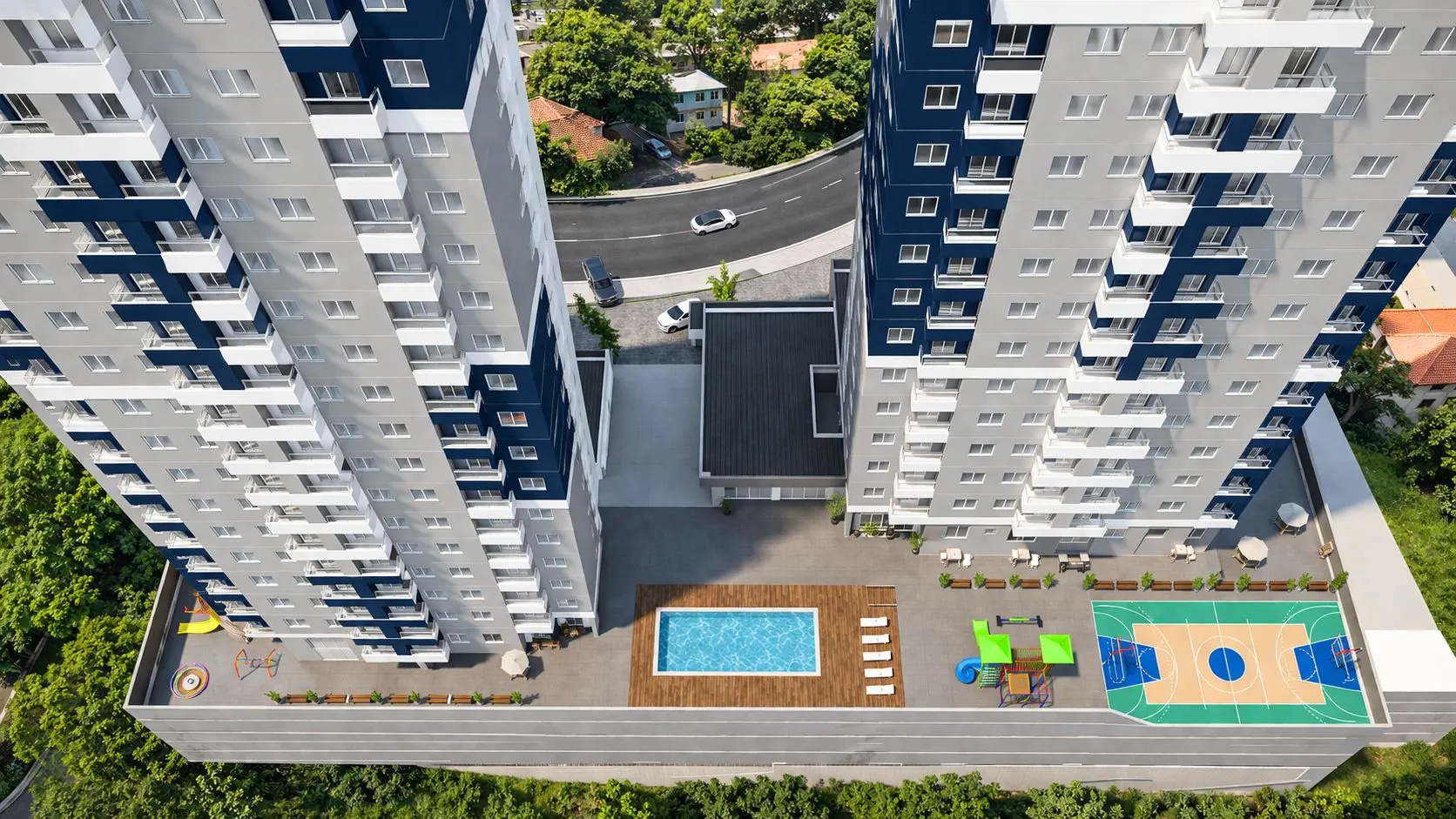Vista aérea da área de lazer com piscina, quadra e espaço infantil