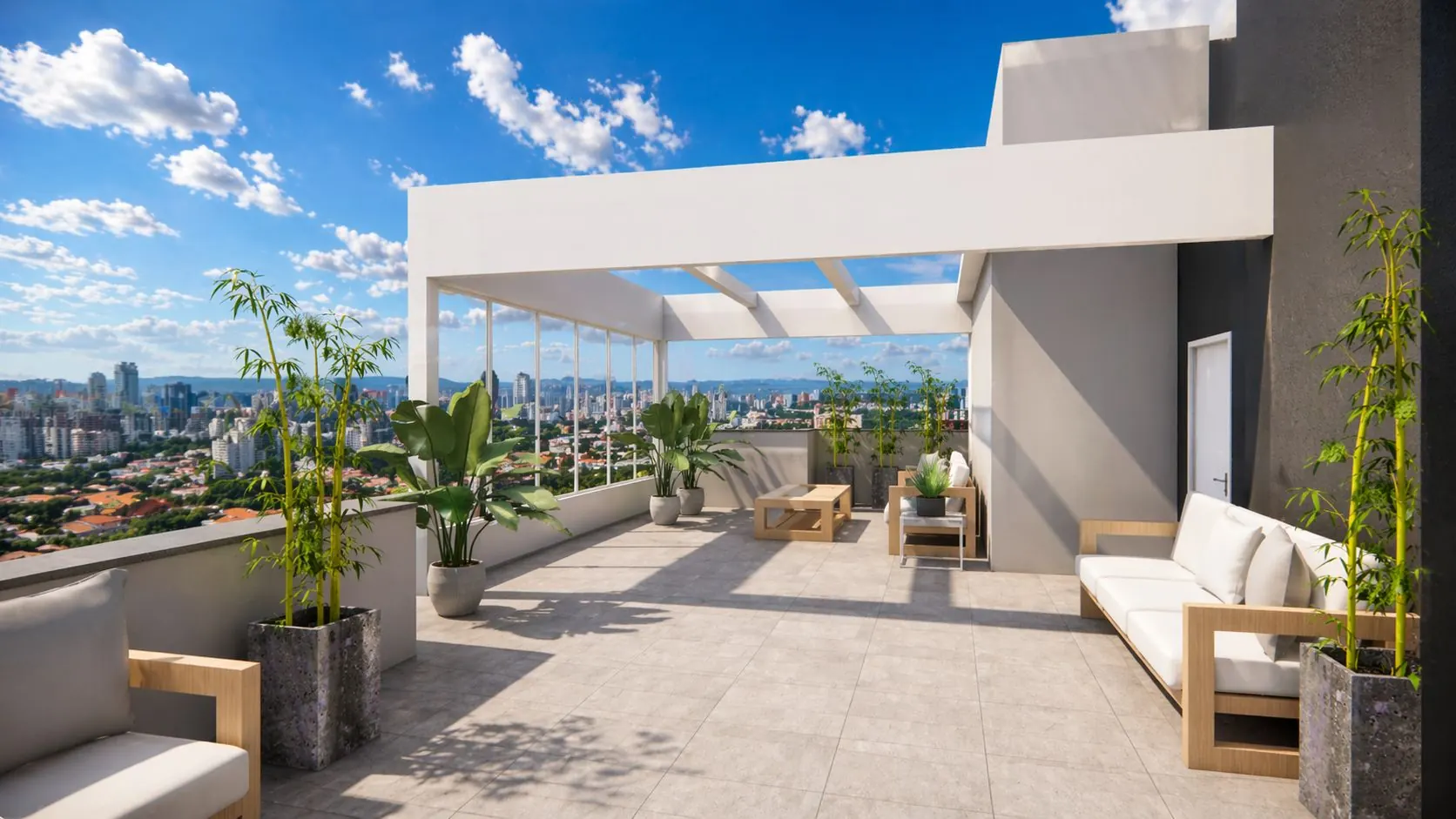 Rooftop do Órizon com área de convivência e vista